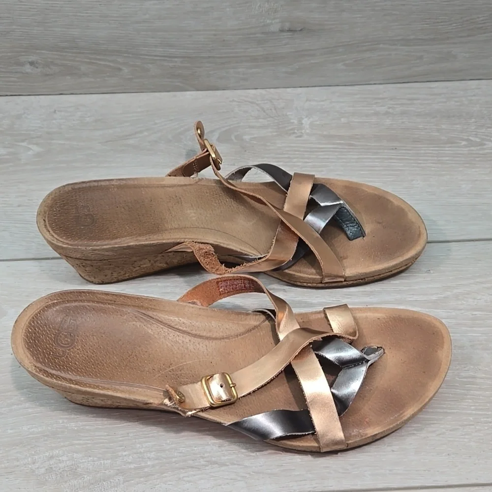 UGG Australia Metallic Leather Strappy Wedge Sandals Shoes Sz 10